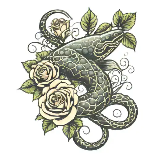 moray eel and roses intertwined with focus on eel simple  tattoo design idea