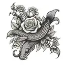 moray eel and roses intertwined with focus on eel simple realistic no scales black and white tattoo design idea