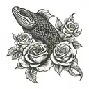 moray eel and roses intertwined with focus on eel simple realistic no scales black and white tattoo design idea