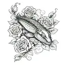moray eel and roses intertwined with focus on eel simple realistic no scales black and white tattoo design idea