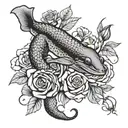 moray eel and roses intertwined with focus on eel simple realistic no scales black and white tattoo design idea