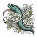 moray eel and roses intertwined with focus on eel simple realistic tattoo design idea