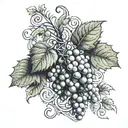 a cluster of grapes intertwined with ivy vines, subtly incorporating a thyrsus staff, Greek key pattern, and kantharos  tattoo design idea
