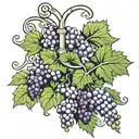 a cluster of grapes intertwined with ivy vines, subtly incorporating a thyrsus staff, Greek key pattern, and kantharos  tattoo design idea