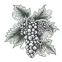 a cluster of grapes intertwined with ivy vines, subtly incorporating a thyrsus staff, Greek key pattern, and kantharos  tattoo design idea