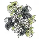 a cluster of grapes intertwined with ivy vines, subtly incorporating a thyrsus staff, Greek key pattern, and kantharos  tattoo design idea