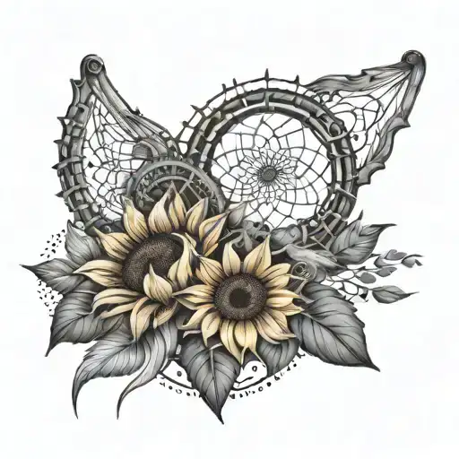  sunflower and dream catcher and Marina name written tattoo design idea