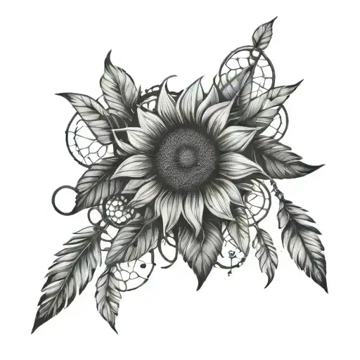  sunflower and dream catcher and Marina name intertwined tattoo design idea