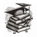 A tattoo design of a stack of books with a graduation hat on top, symbolizing the client's love for learning tattoo design idea