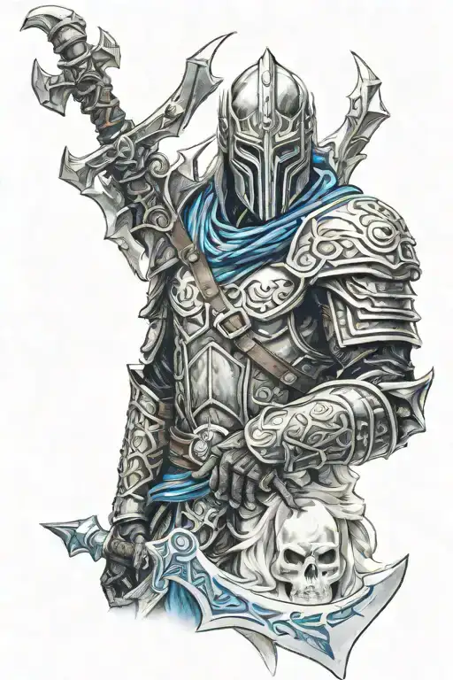 Sub Zero with the helmet of the lich king in one hand and Frostmourne in the other tattoo design idea