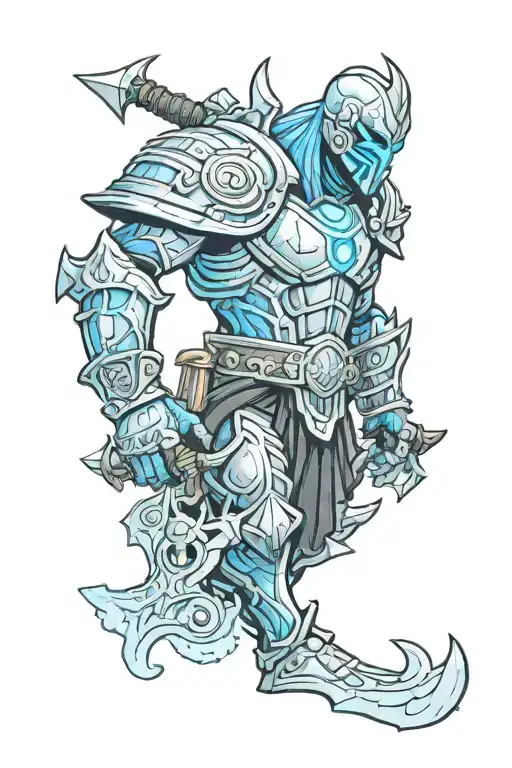 Sub Zero with the helmet of the lich king in one hand and Frostmourne in the other tattoo design idea