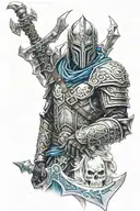 Sub Zero with the helmet of the lich king in one hand and Frostmourne in the other tattoo design idea