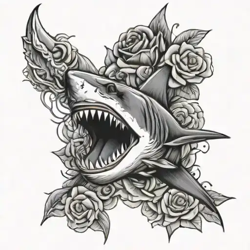 shark jaws with rose blooming tattoo design idea