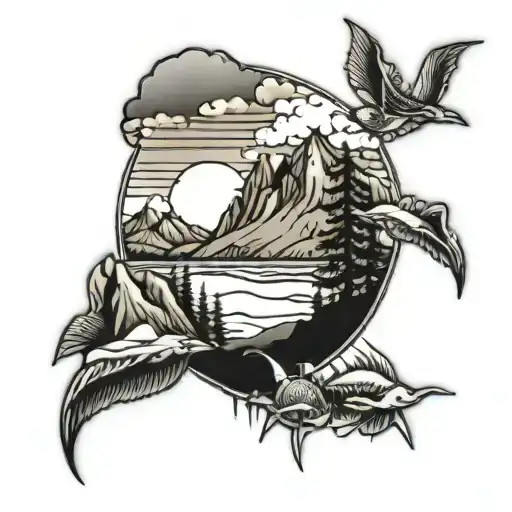 beach mountains ocean landscape tattoo on thigh black and white tattoo design idea