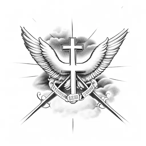 Christian Cross, john 3:16, family, clouds, dove, feathers, lead us not into temptation but deliver us from evil tattoo design idea