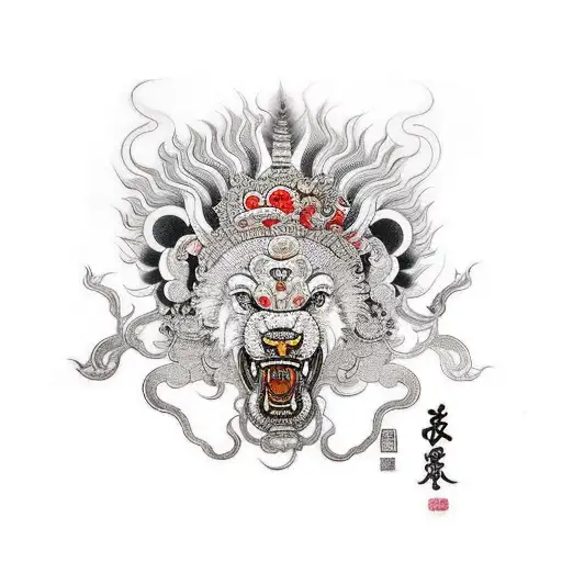 indian foo dog with deity tattoo design idea