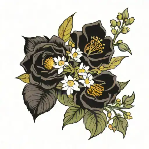 small bouquet consisting of February birth flower, January birth flower, March birth flower, and August month flower  tattoo design idea