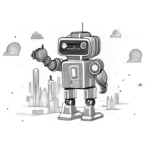 A futuristic robot playing a guitar in a cyberpunk cityscape tattoo design idea