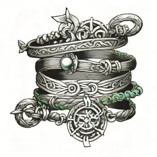 Design a delicate, minimalistic ankle tattoo featuring three stacked bracelets, each representing the sea, land, and sky tattoo design idea