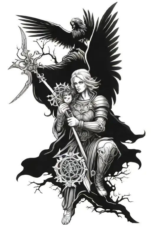 gothic warrior angel protecting family tree tattoo design idea