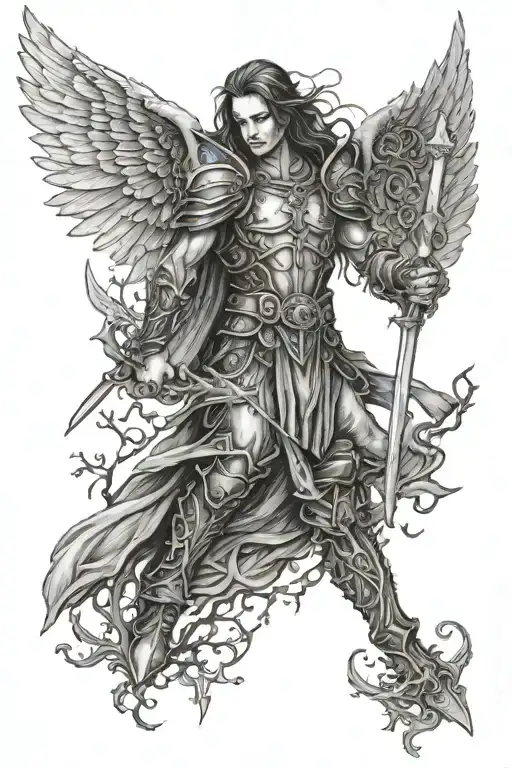 gothic warrior angel protecting family tree tattoo design idea