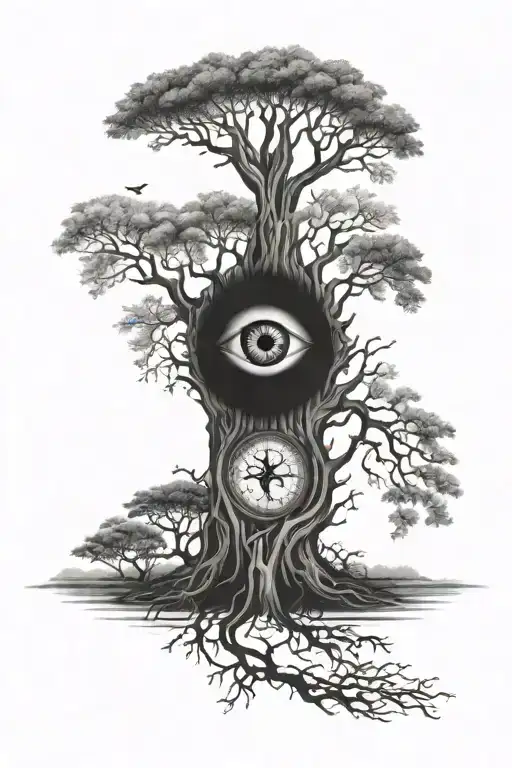 GOD's eye watching over family tree tattoo design idea