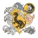 black dragon upper left, white dragon upper right, white wolf lower bottom left, black wolf lower bottom right tattoo design idea
