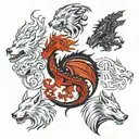 black dragon upper left, white dragon upper right, white wolf lower bottom left, black wolf lower bottom right tattoo design idea