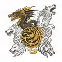 black dragon upper left, white dragon upper right, white wolf lower bottom left, black wolf lower bottom right tattoo design idea