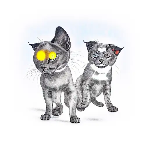 3 cats, 1 black, 1 grey with white and 1 white with some grey spots on tail and head. a labrador retriever, golden hour tattoo design idea