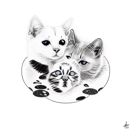 3 cats, 1 black, 1 grey with white and 1 white with some grey spots on tail and head.  tattoo design idea