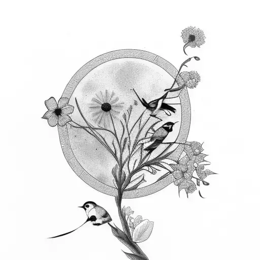 wildflowers, birds tattoo design idea