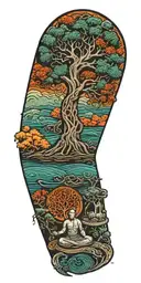 Celtic Tree of life growing from a pond with a Celtic Warrior Protector a celtic warrior monk thinking tattoo design idea