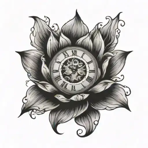 lotus flower centered inside a clock face tattoo design idea