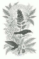 runes, raven, Nordic style, Fern, wildflower bouquet tattoo design idea