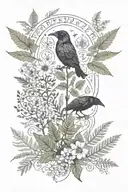 runes, raven, Nordic style, Fern, wildflower bouquet tattoo design idea
