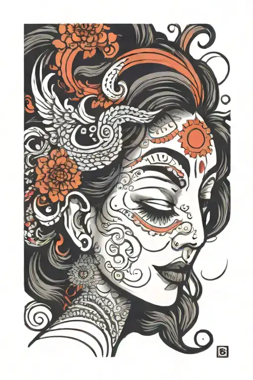 one face with one side of face is women and other side is men. both have tilak. women have open wave hair and male one h tattoo design idea