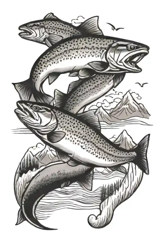 trout and mountains across tattoo design idea