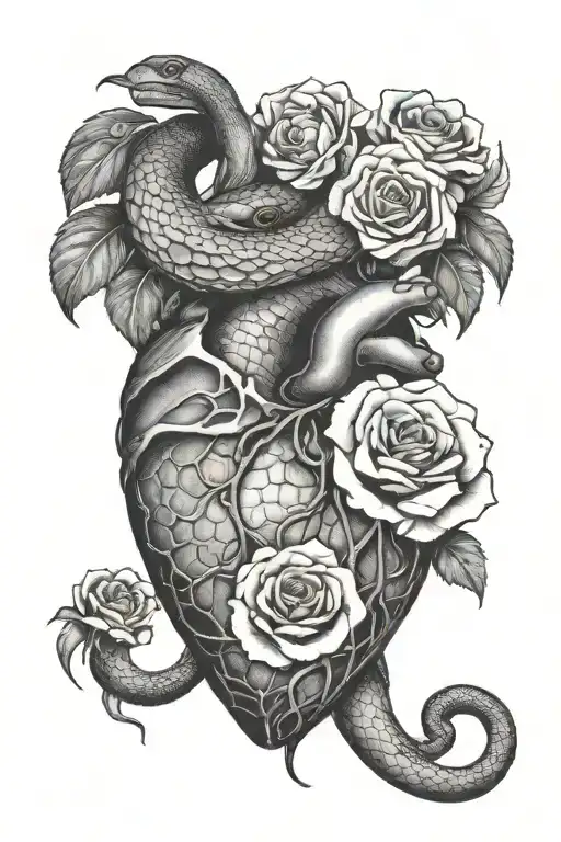 snake squeezing  human heart with roses  tattoo design idea