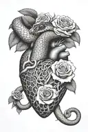 snake squeezing  human heart with roses  tattoo design idea