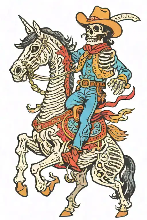 sketeton cowboy riding skeleton horse galloping tattoo design idea
