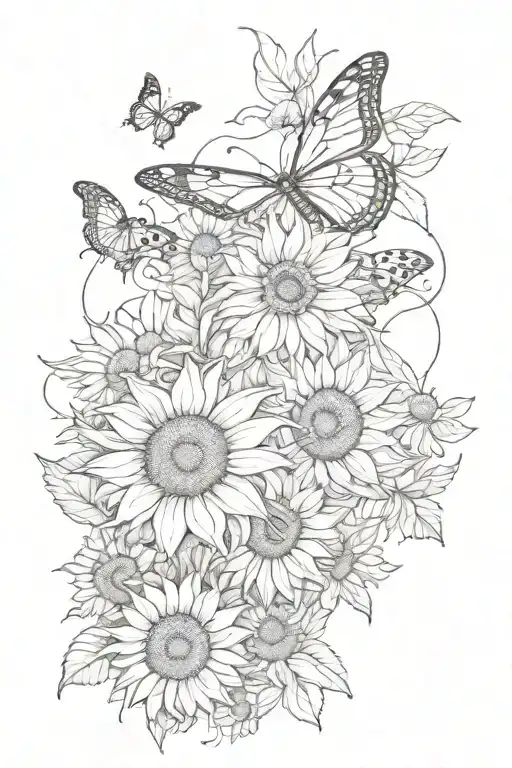 red carinal bird, butterflies, sunflowers, sun, ocean tattoo design idea