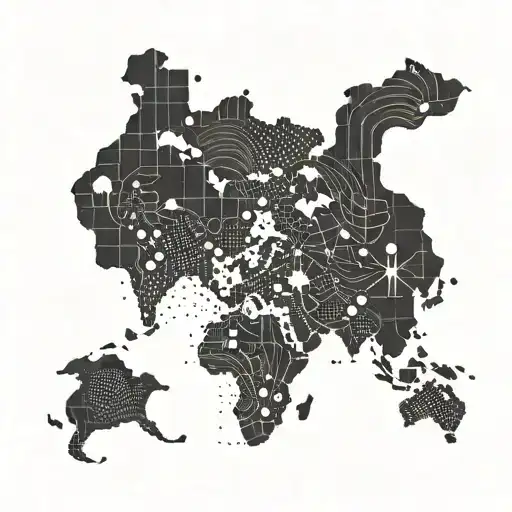 A dotwork tattoo of a world map with a heart marking the client's favorite travel destinations, surrounded by musical notes and a dog silhouette tattoo design idea