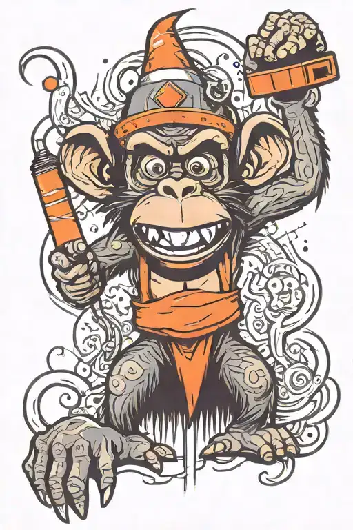 crazy angry monkey with traffic cone on head  tattoo design idea