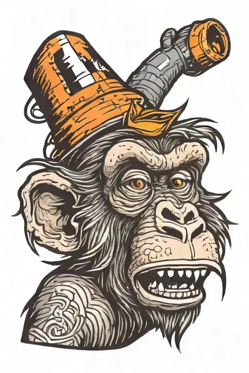 crazy angry monkey with traffic cone on head  tattoo design idea