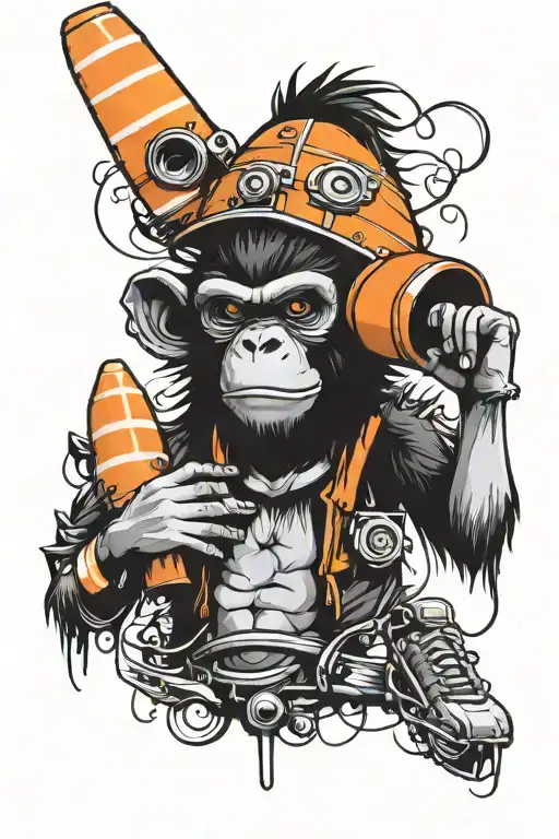 insane monkey with traffic cone on head  tattoo design idea
