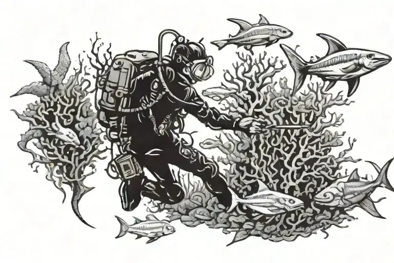 scuba diver exploring the depths surrounded by hammerhead and murenes and corals tattoo design idea