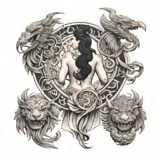 A design for the back with the gods ryujin, aphrodite, horus, minerva, Ba She and a baihu tattoo design idea