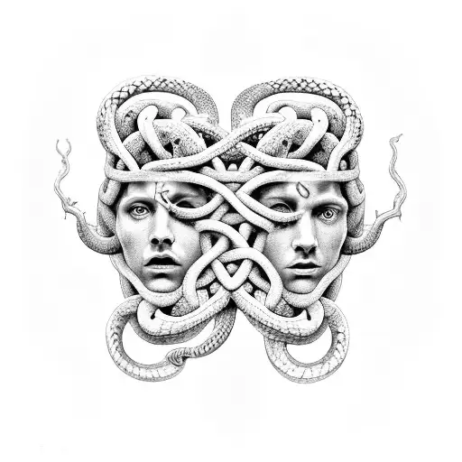 2 headed medusa with snakes one facing one direction left and the other right with the gemini  Intertwined between  tattoo design idea