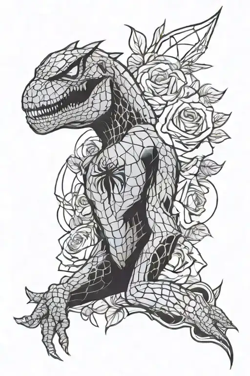 Roses, Spiderman, dinosaur, Country music theme arm sleeve tattoo design idea